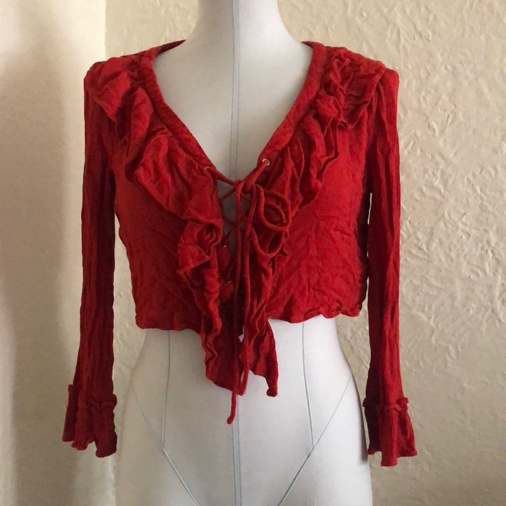Forever 21 Lace Up Front Ruffle Orange Festival Crop Top Boho Shirt